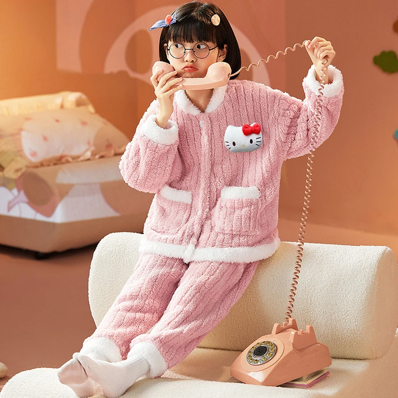 儿童款睡衣女孩秋冬珊瑚绒套装女童法兰绒卡通可外穿保暖家居服