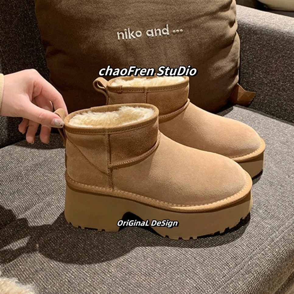 牛皮版~苏茵茵同款加绒保暖棉鞋厚底粗跟低帮羊毛毛短靴女雪地靴