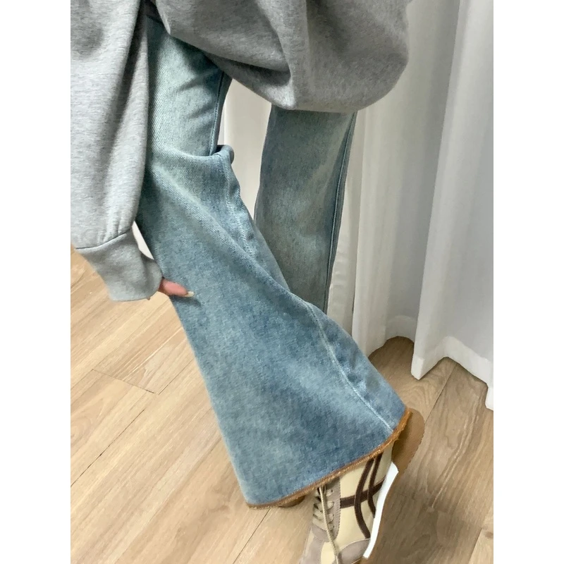 港味复古做旧微喇叭牛仔裤女2023秋季新款高腰显瘦百搭毛边长裤子