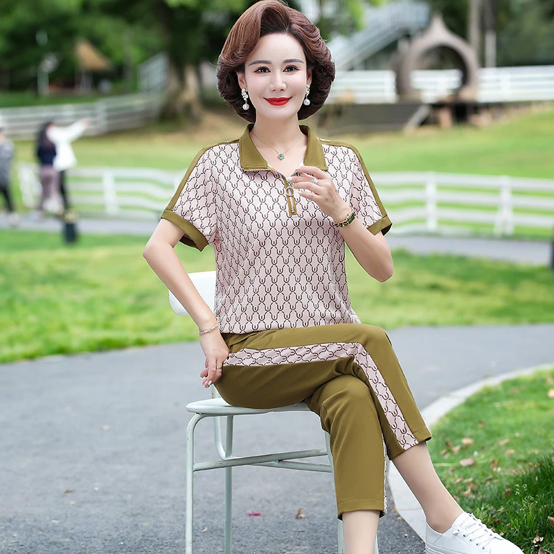 【母亲节妈妈装】老年女装妈妈装新款T恤母亲洋气衣服妈妈运动套装