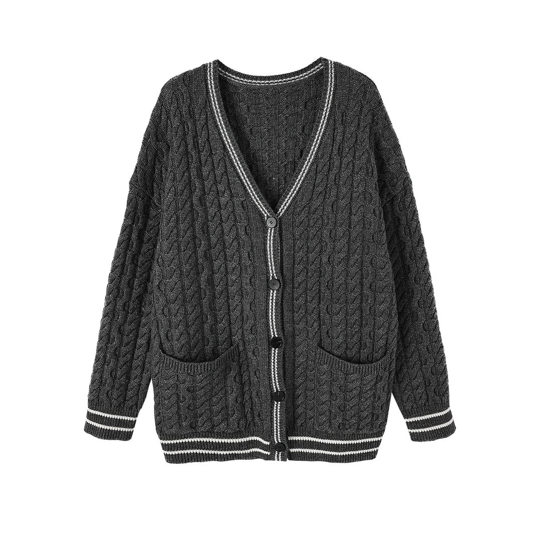 晶咕白标专供~慵懒V领灰色针织开衫菱格毛衣长袖女士秋季