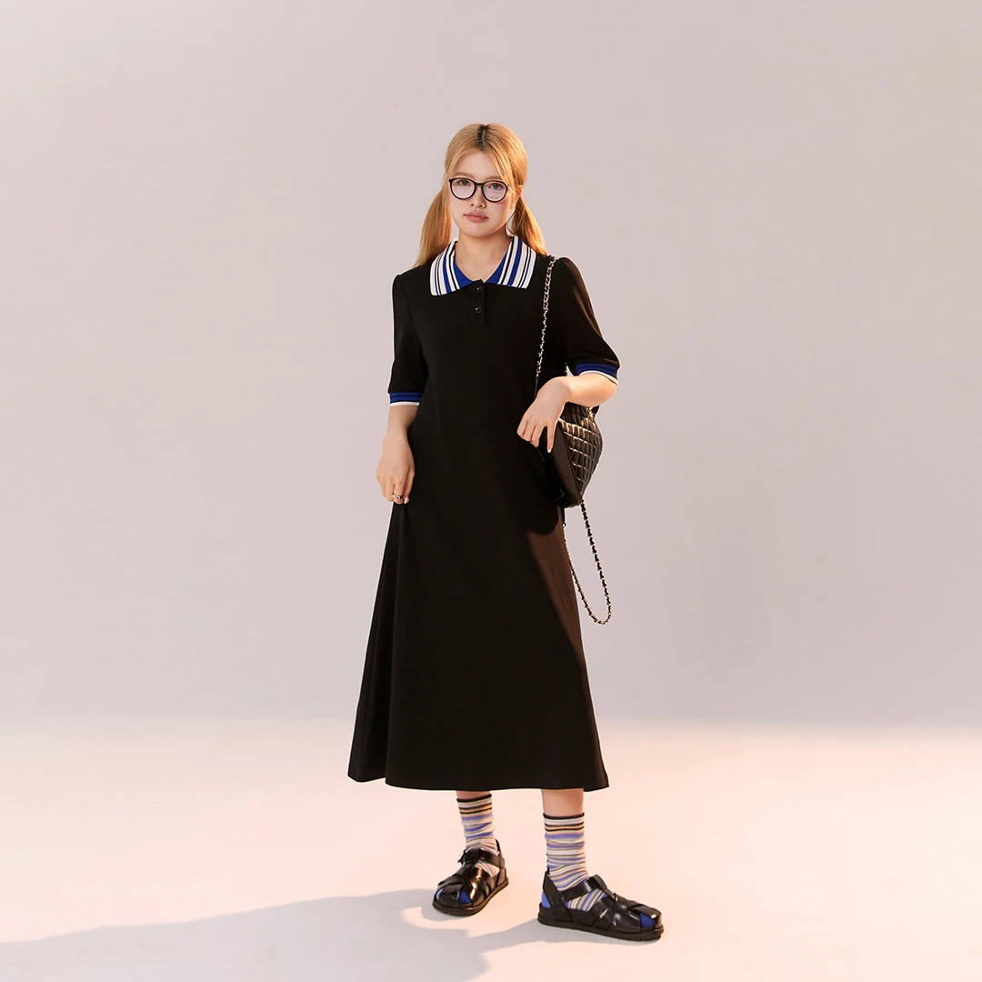 晶咕绿标~法式领口撞色POLO连衣裙女夏季大码长短款气质裙子时尚