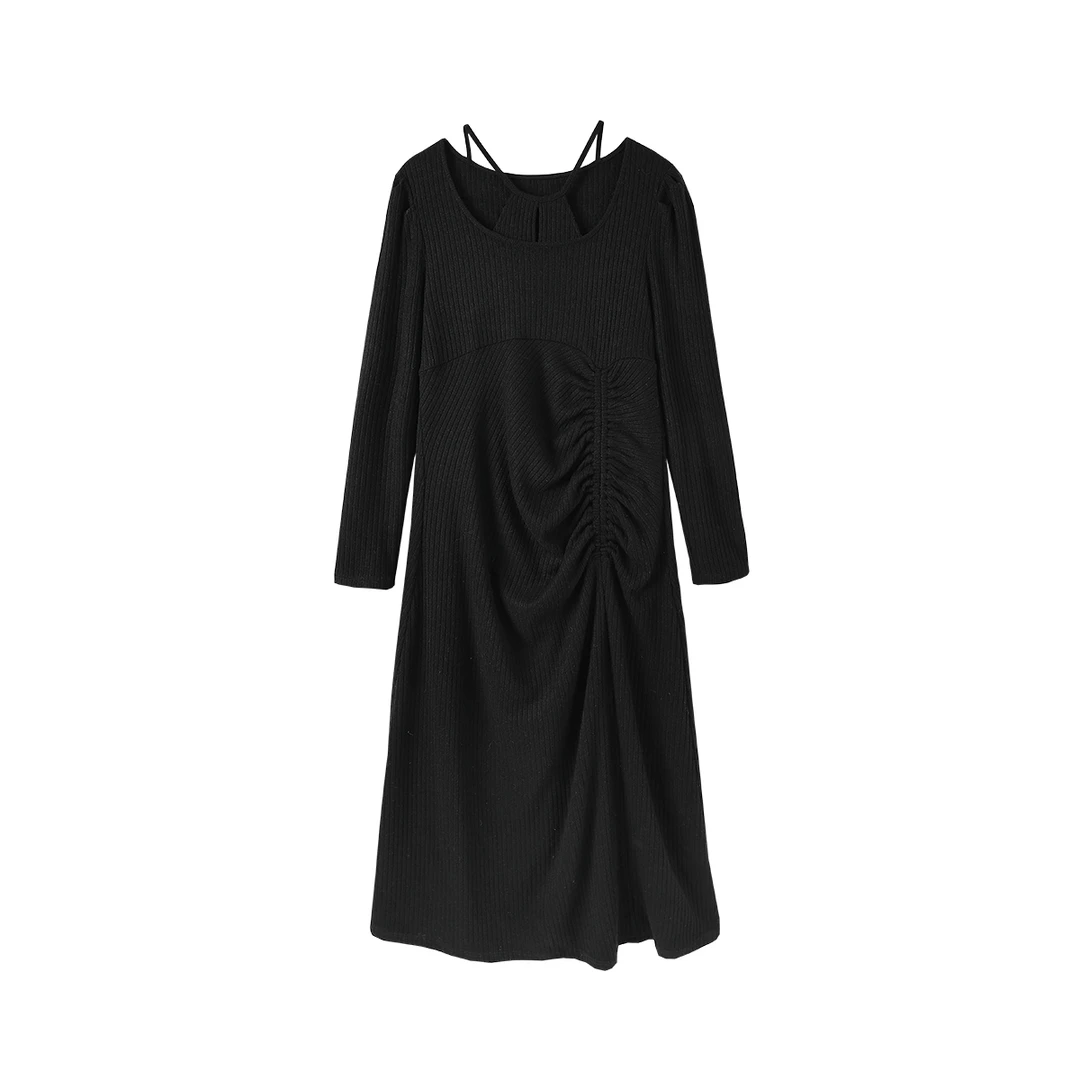 晶咕~白标专供 秋冬挂脖长款弹力连衣裙气质显瘦黑色两个版本时尚