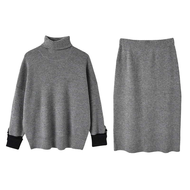 晶咕~白标专供 高领袖口拼接套头毛衣+毛线半身裙两件套