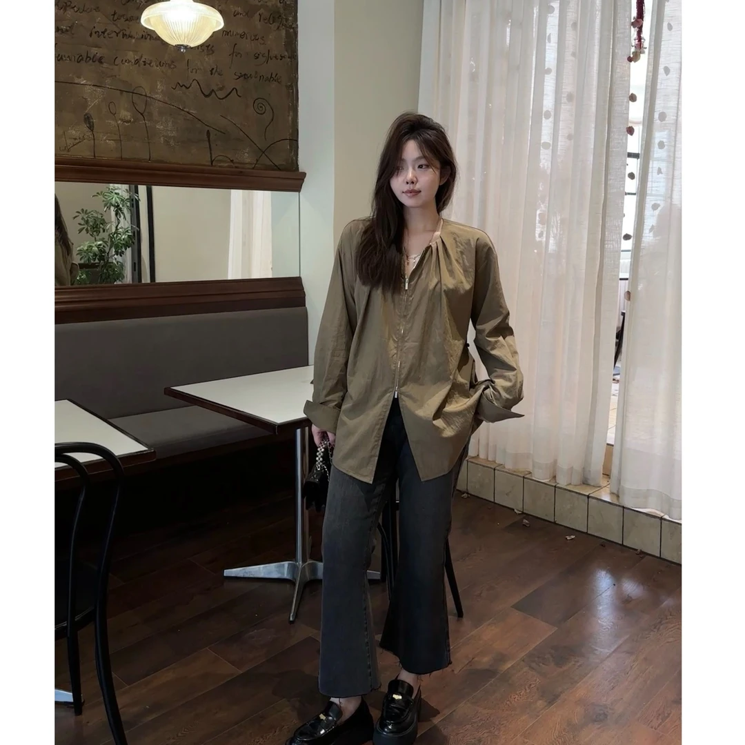 晶咕【半熟秋日】设计感复古宽松韩版领口褶皱双拉链长袖衬衫