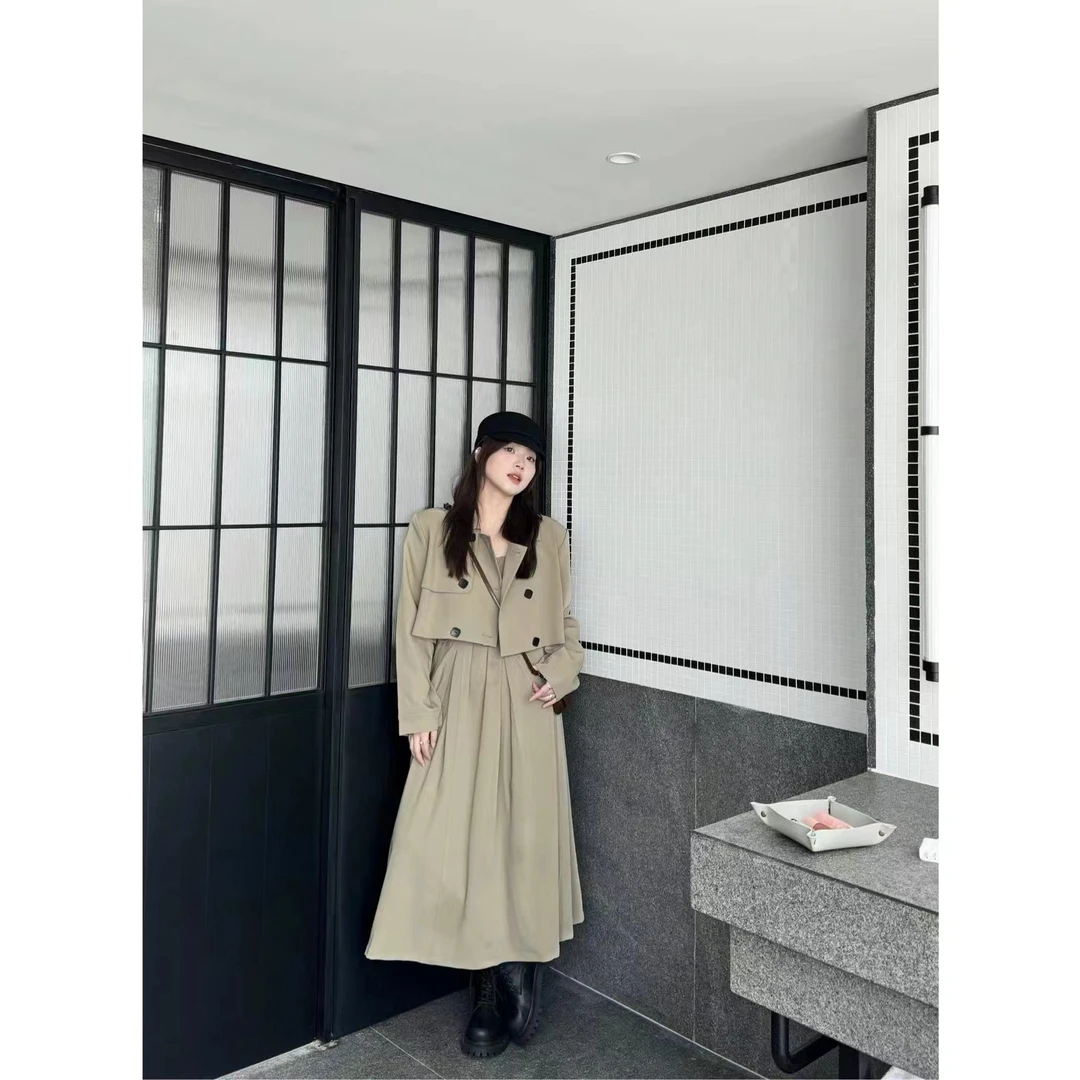 晶咕【初秋晚风-吊带裙】英伦风宽肩带胸前松紧A字显瘦连衣裙