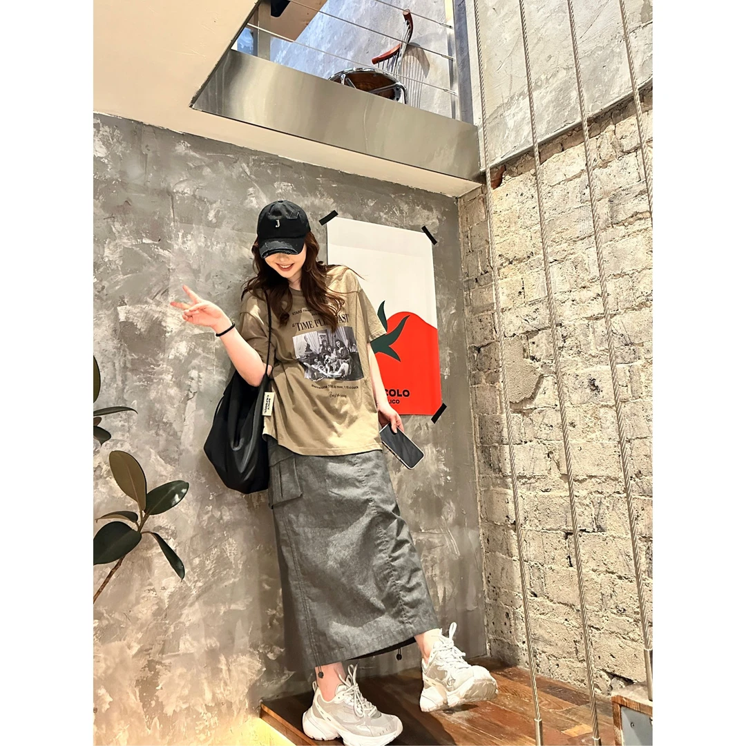 晶咕【街头氛围】韩系高腰工装大口袋抽褶直筒半身裙显瘦半身裙