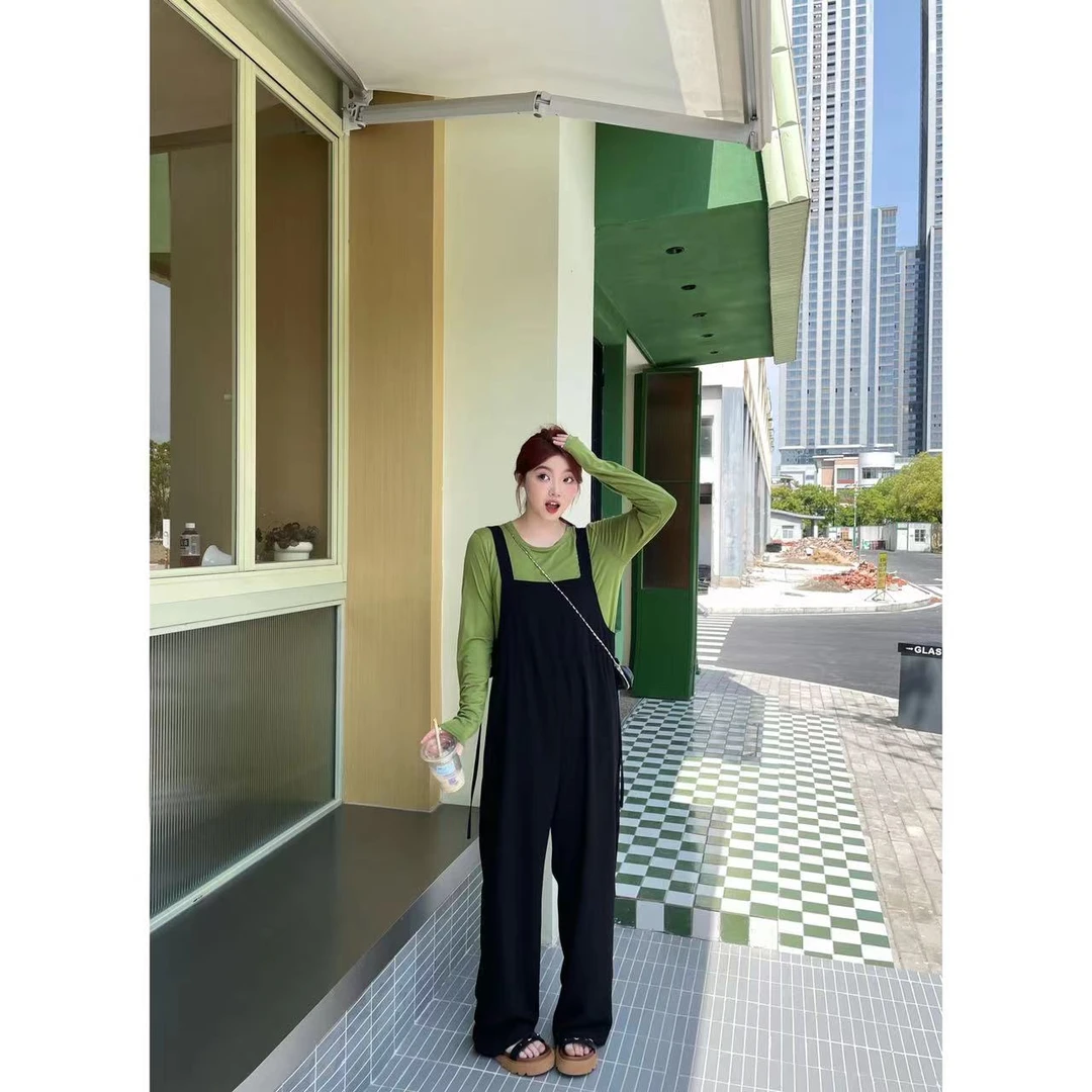 晶咕晶咕「入夏梧桐」圆领长袖T恤+黑色松紧腰背带阔腿长裤两件套