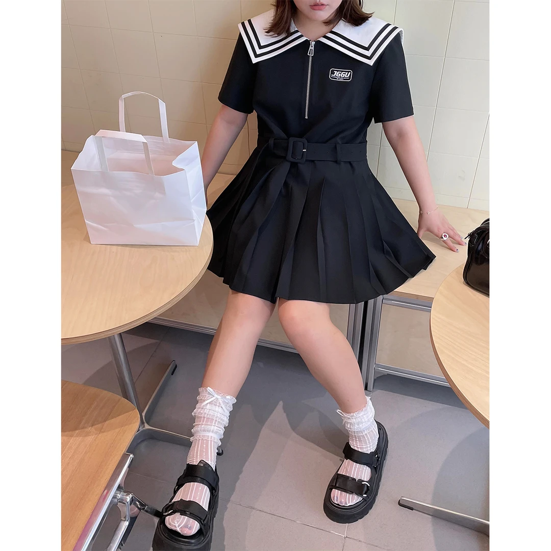 晶咕白标~短款海军领百褶学院风连衣裙女夏季大码复古减龄裙子