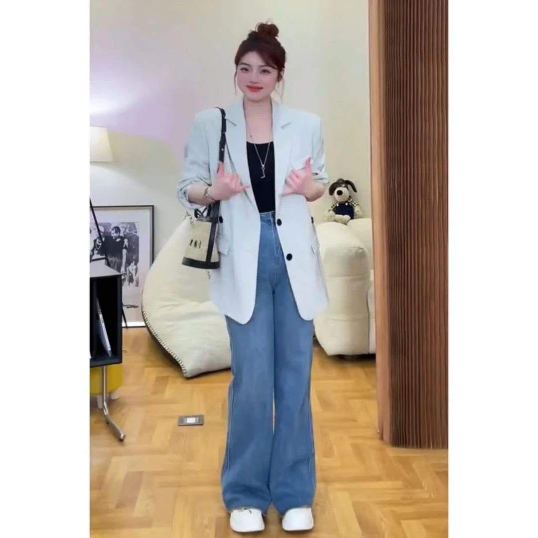 晶咕「素色心情」韩版廓形压线设计西装外套+半身裙时尚套装