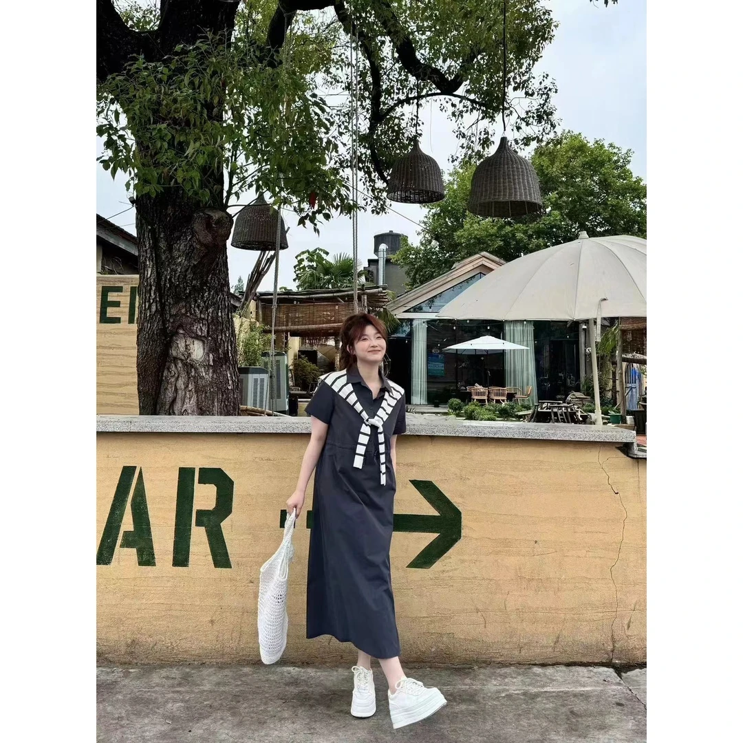 晶咕【英伦情诗】韩系纯色翻领腰部猪鼻扣可调节A字短袖连衣裙