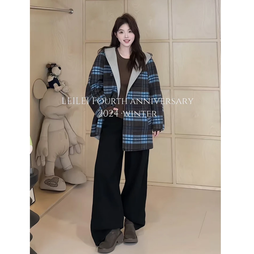 晶咕【土星大衣！】撞色格纹连帽高级感双面呢正反两穿外套