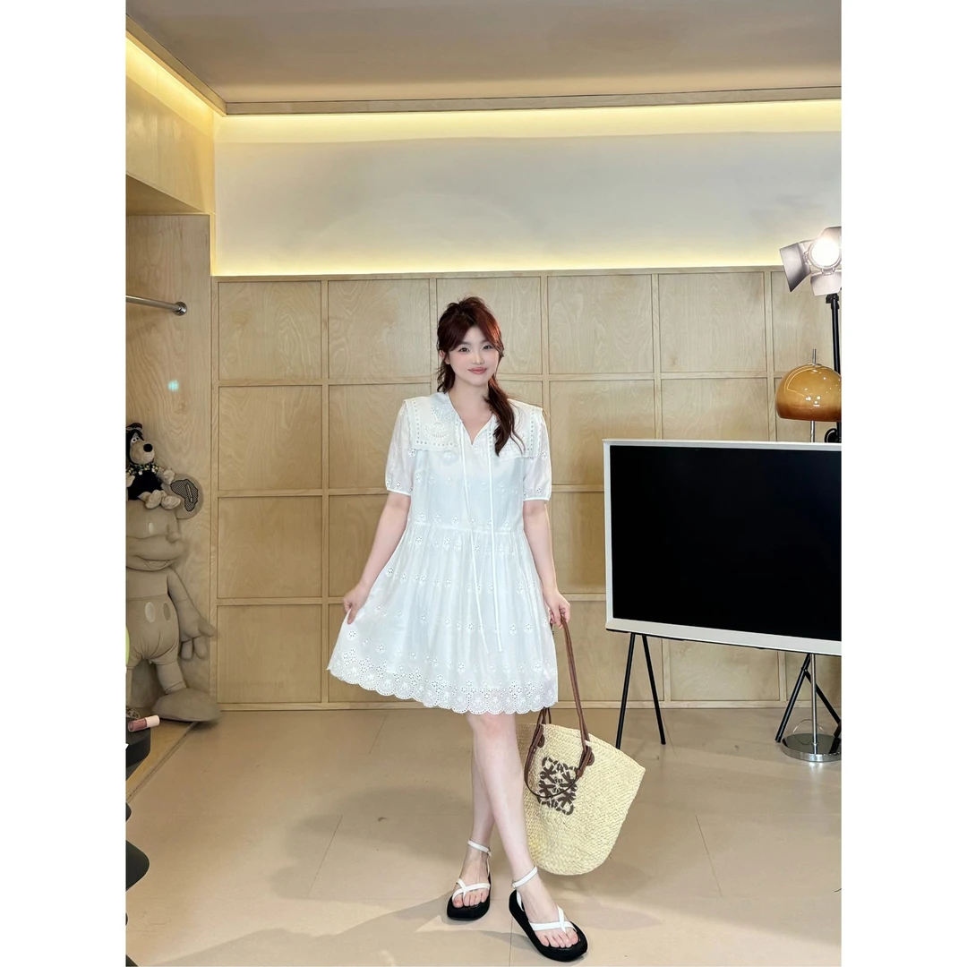 晶咕【见习爱神】韩系海军翻领整身刺绣镂空系带短袖长短连衣裙