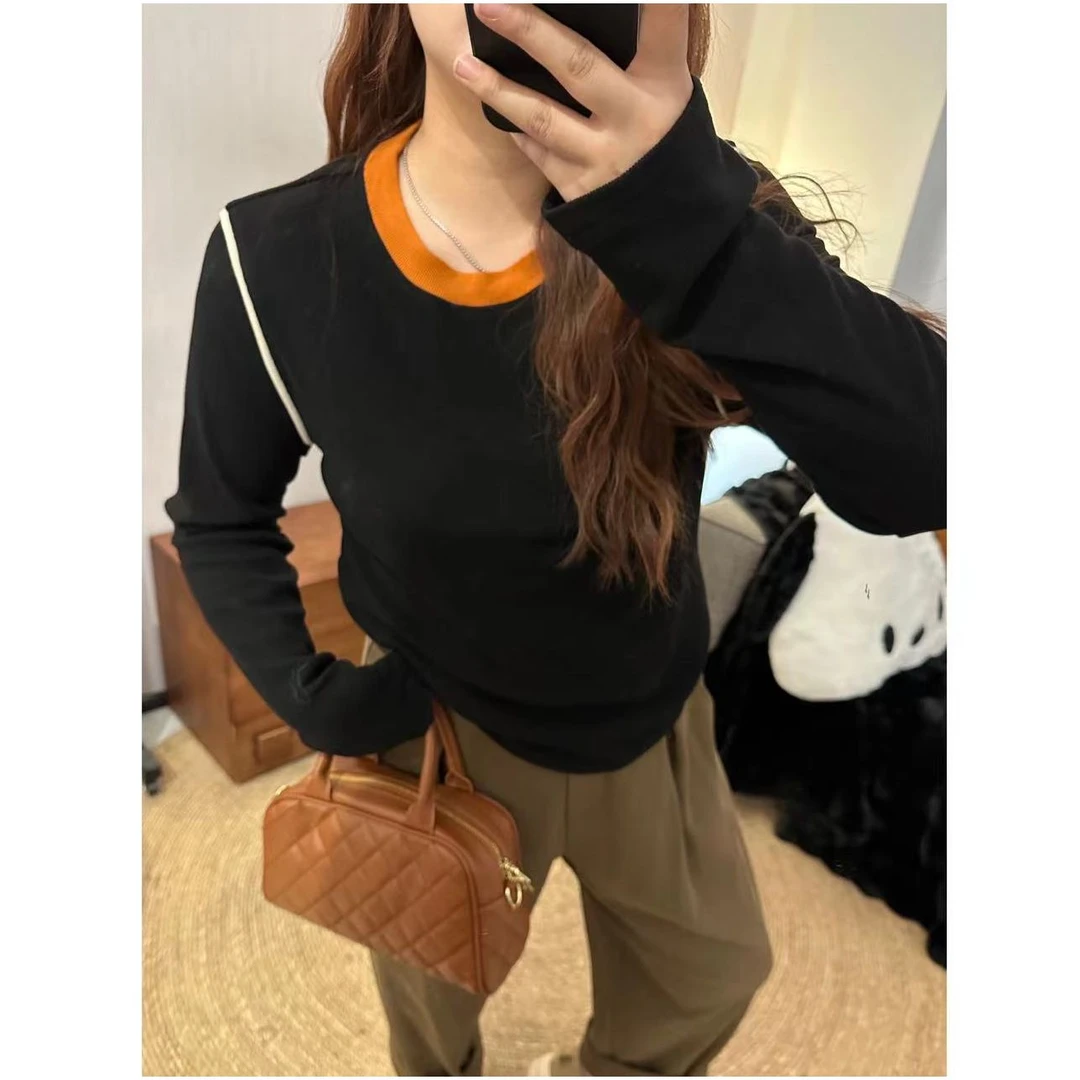晶咕JGGU【撞色T】圆领拼色设计小马针织衫打底衫修身拼接长袖套头