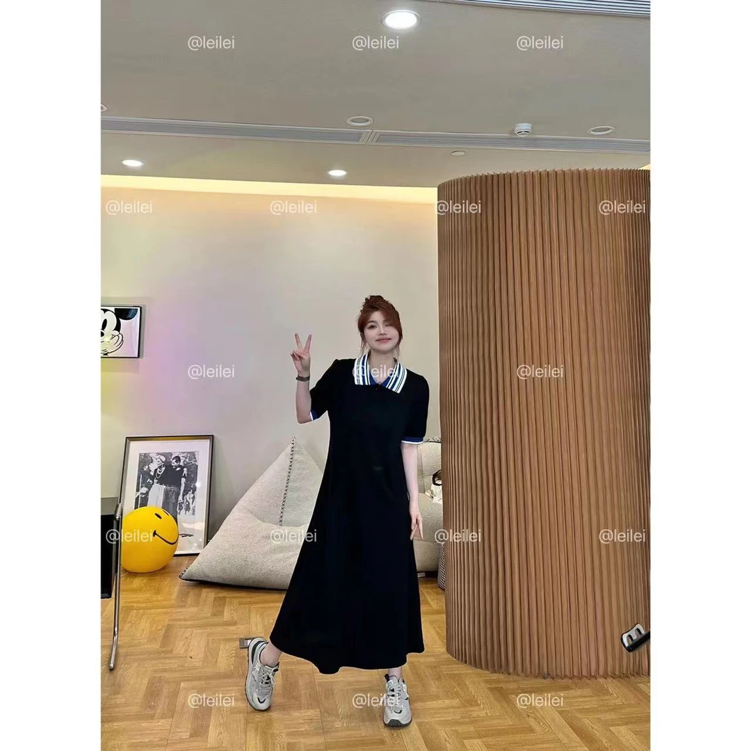 晶咕晶咕「慵懒清晨」撞色POLO宽松遮肉气质连衣裙韩版黑色显瘦