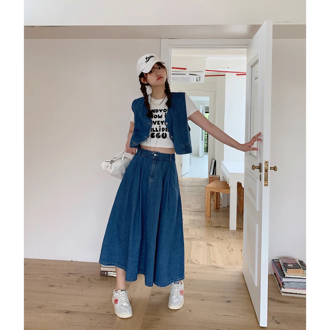 晶咕时尚复古牛仔马甲A字半裙套装女夏季大码宽松气质两件套吊带