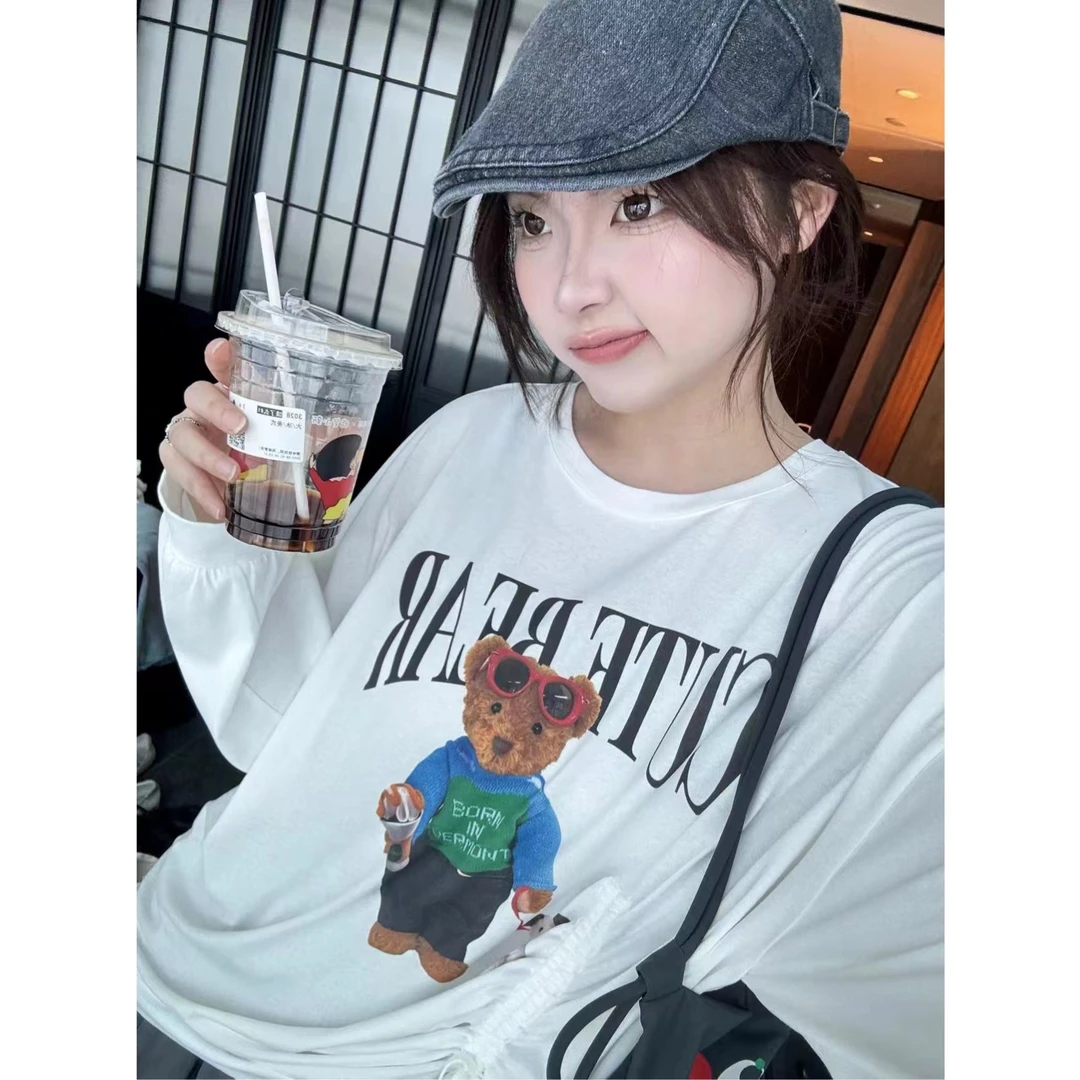 晶咕【墨镜小熊】大圆领字母小熊印花右侧抽绳调节长袖T恤上衣