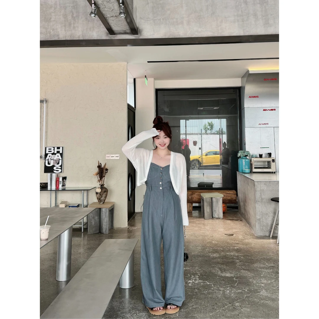 晶咕【视线拿捏】韩系明线吊带单排扣后背松紧打揽阔腿连体裤