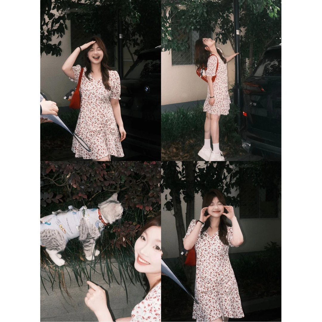 晶咕【花海情书】设计感v领碎花抽褶荷叶边下摆短袖连衣裙