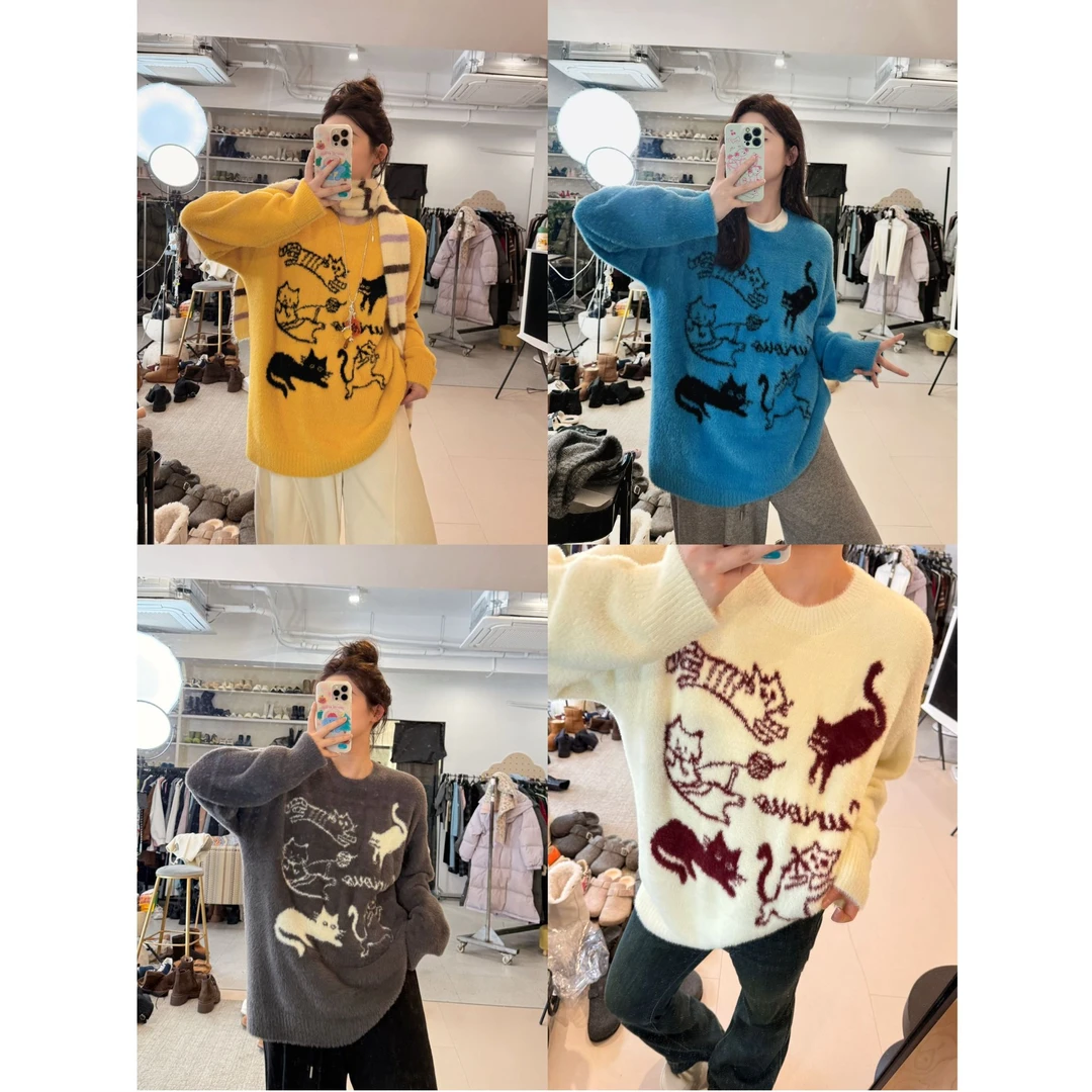 晶咕【快乐小猫咪！】仿水貂毛胸前小猫刺绣宽松套头针织毛衣秋冬