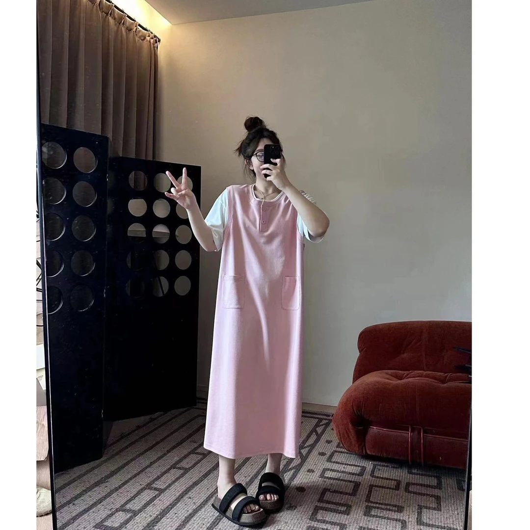 晶咕软软【快乐假日】假两件休闲圆领T恤连衣裙宽松连衣裙显瘦