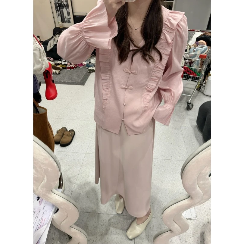 晶咕【枕上书-上衣】新中式木耳边盘扣上衣+同色系西装料半身裙