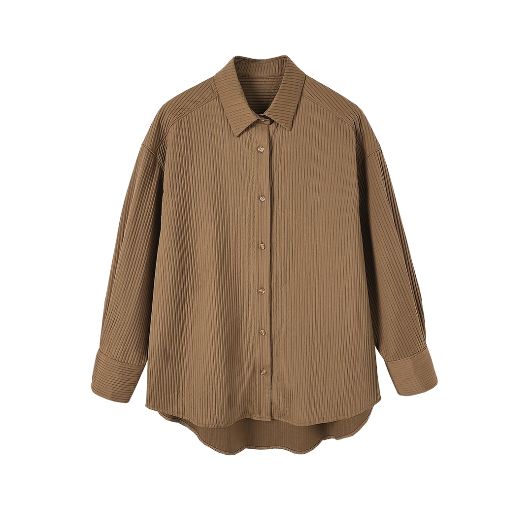 晶咕~白标专供 时尚百搭POLO领设计感肌理纹衬衫复古条纹翻领长袖