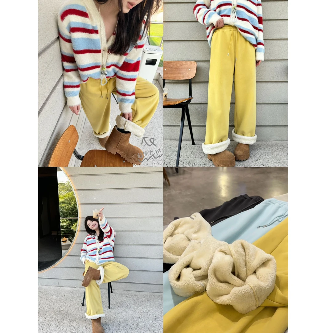 晶咕【保命裤】全松紧高腰纯色内加厚绒裤脚猪鼻扣休闲裤宽松