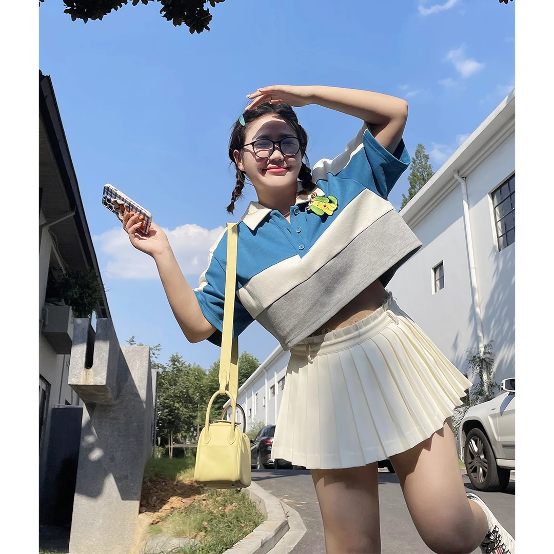 晶咕白标~条纹撞色poloT恤女夏季新款大码短款复古上衣宽松显瘦