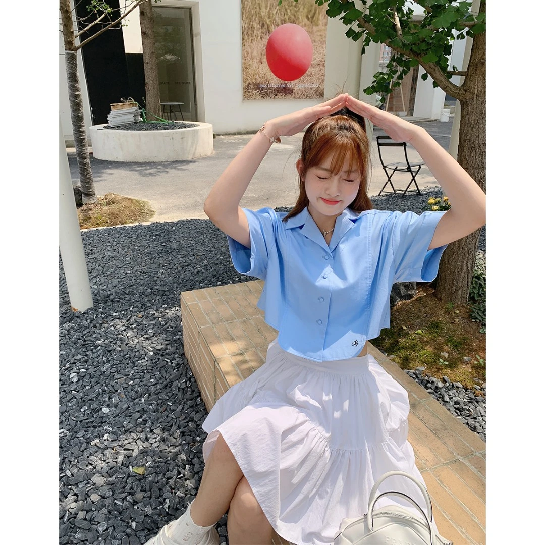 晶咕白标~非正式学院~短款学院风短袖衬衫时尚气质日常小众纯色