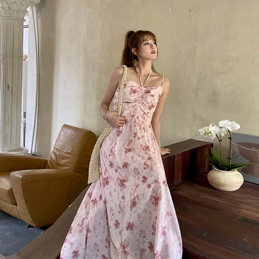 晶咕白标~长款晕染花色挂脖吊带连衣裙女夏季大码显瘦气质裙子