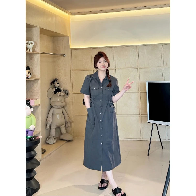 晶咕【灰色地带】工装风纯色翻领腰部可调节袢扣短袖衬衫连衣裙