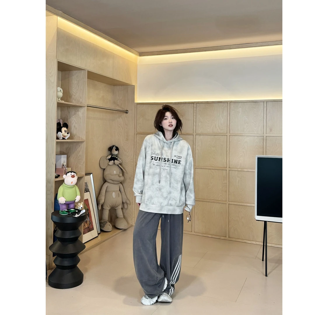 晶咕【甜酷狙击~】美式复古扎染脏脏连帽套头宽松长袖系带卫衣