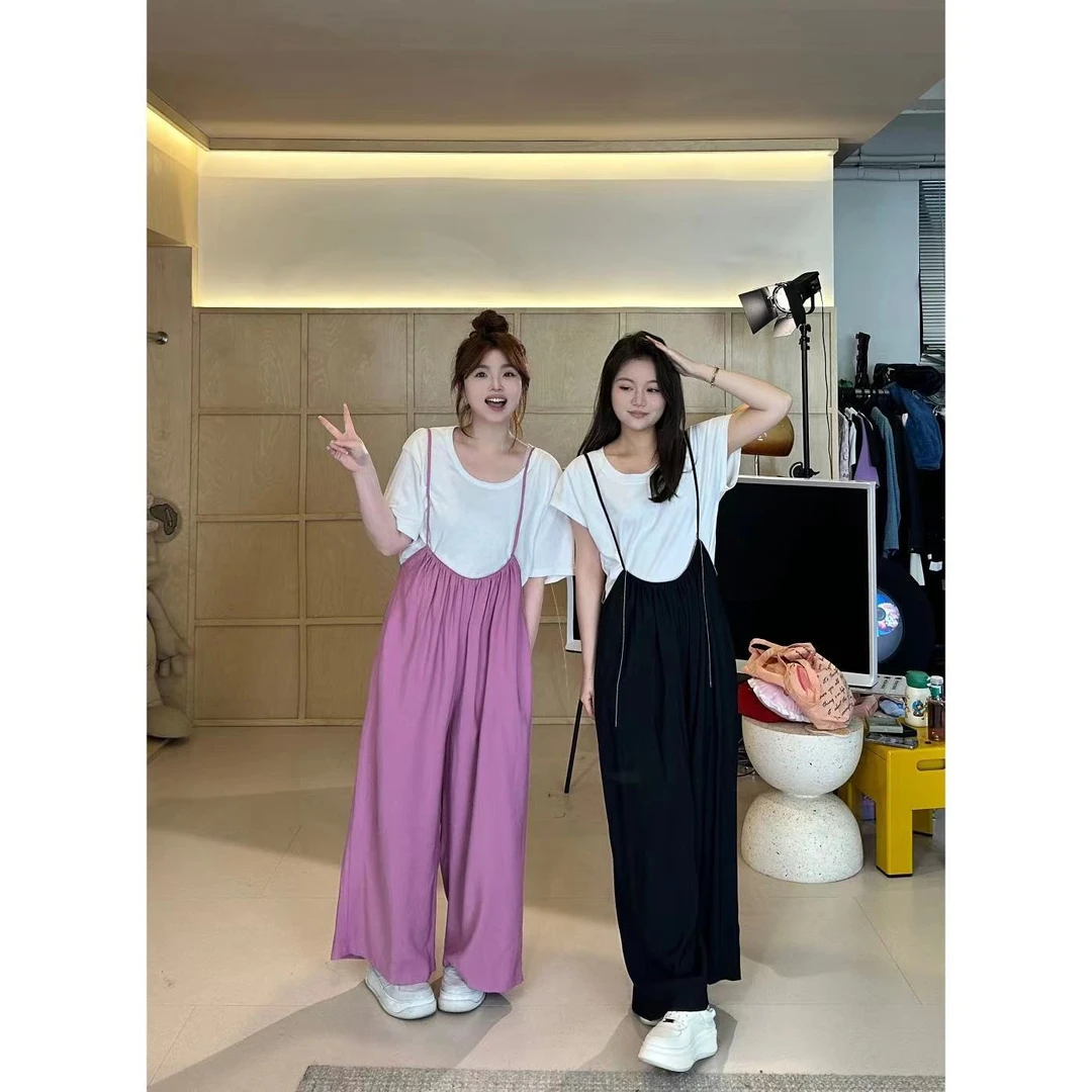 晶咕【链条裤】韩系减龄遮肉双肩带慵懒风背带阔腿裤时尚