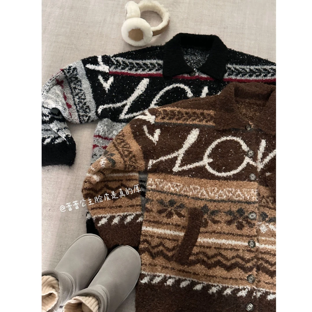 晶咕【腔调vtg】美式复古polo领撞色字母刺绣单排扣针织厚外套