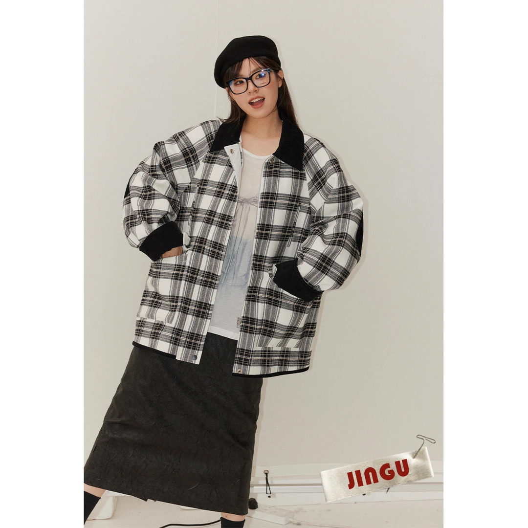 晶咕白标~正反两面穿撞色领格纹衬衫款外套女冬季时尚休闲上衣