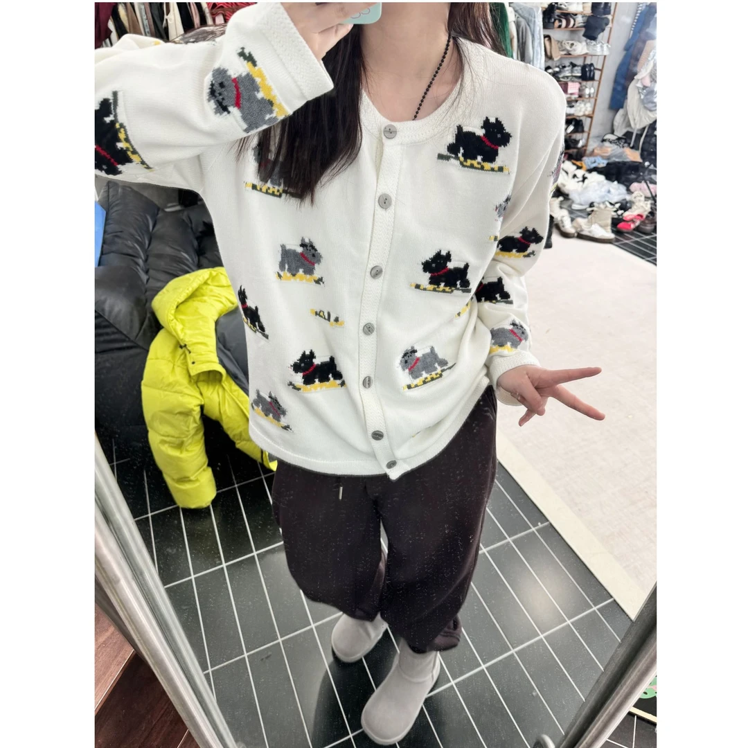 晶咕【好多小狗！】高级感圆领单排扣小狗整身刺绣针织开衫外套