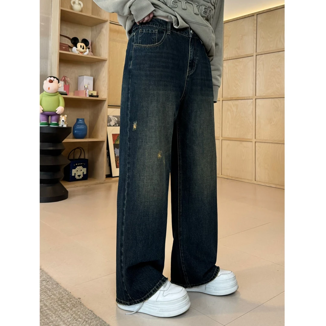晶咕【脏脏裤】复古水洗高腰显瘦直筒磨破阔腿牛仔裤