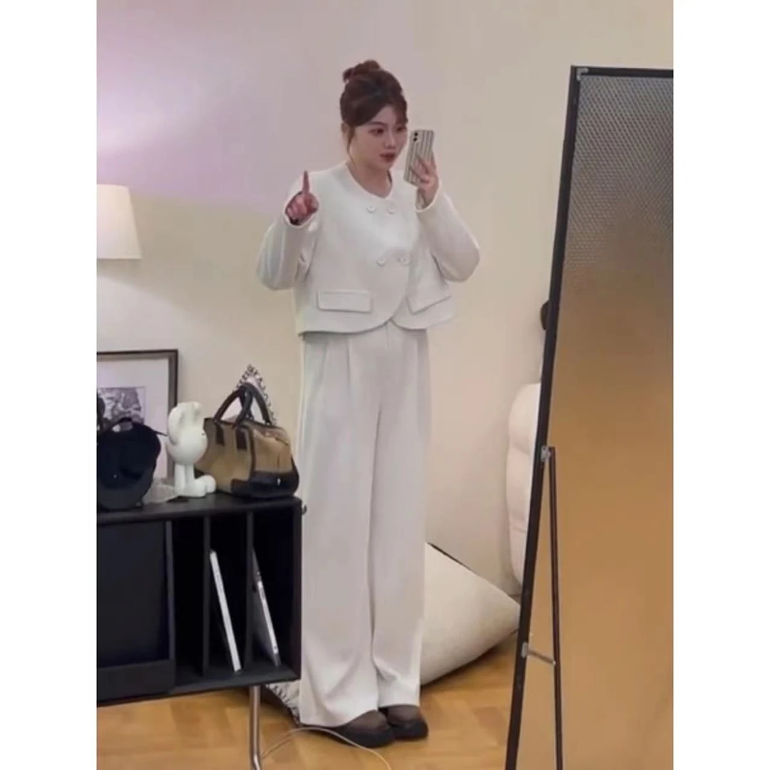 晶咕「白月光」温柔小香双排扣短外套+直筒休闲裤两件套套装