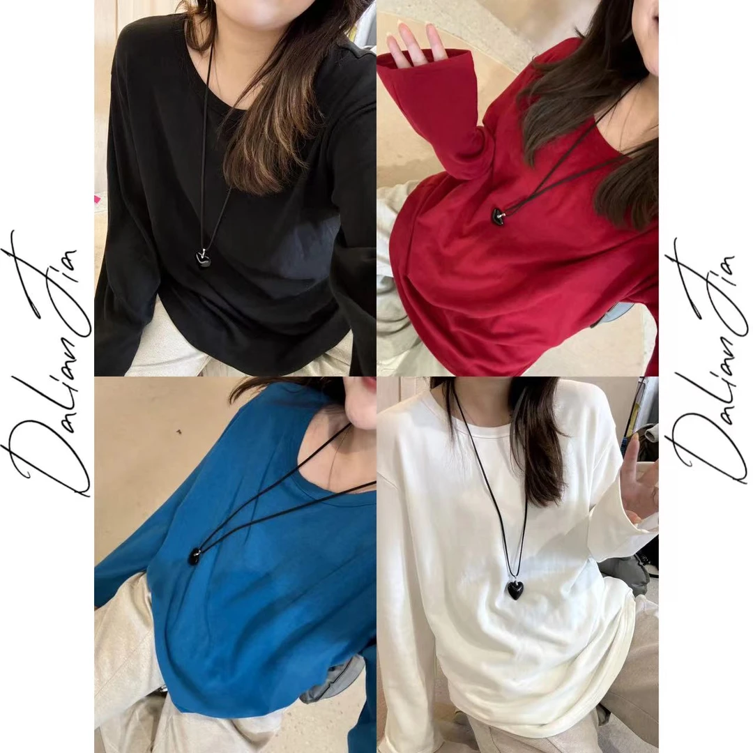 晶咕【糯糯时光】露肩大领口宽松上衣显瘦长袖休闲百搭韩版