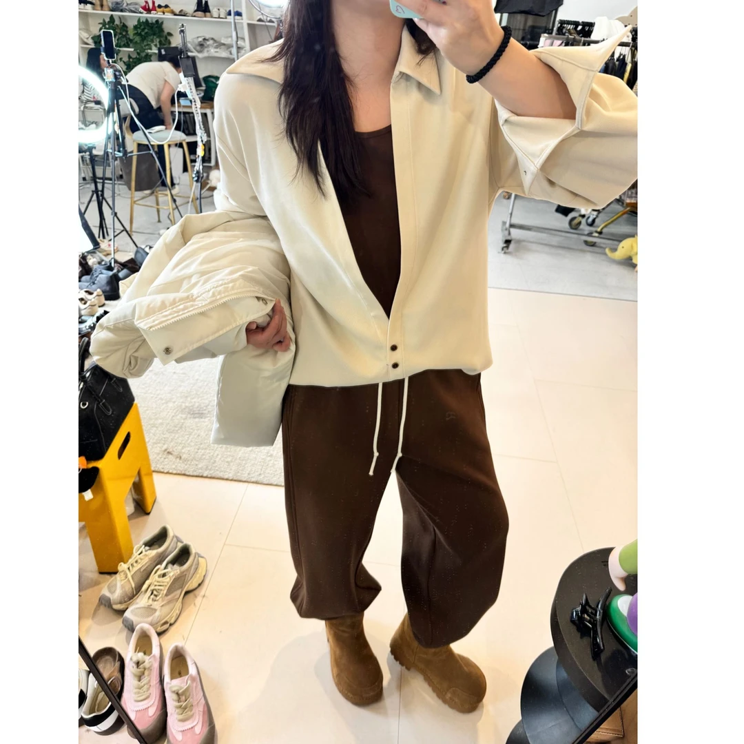 晶咕【腔调配色】假两件polo领衬衫拼色下摆扭结长袖外套