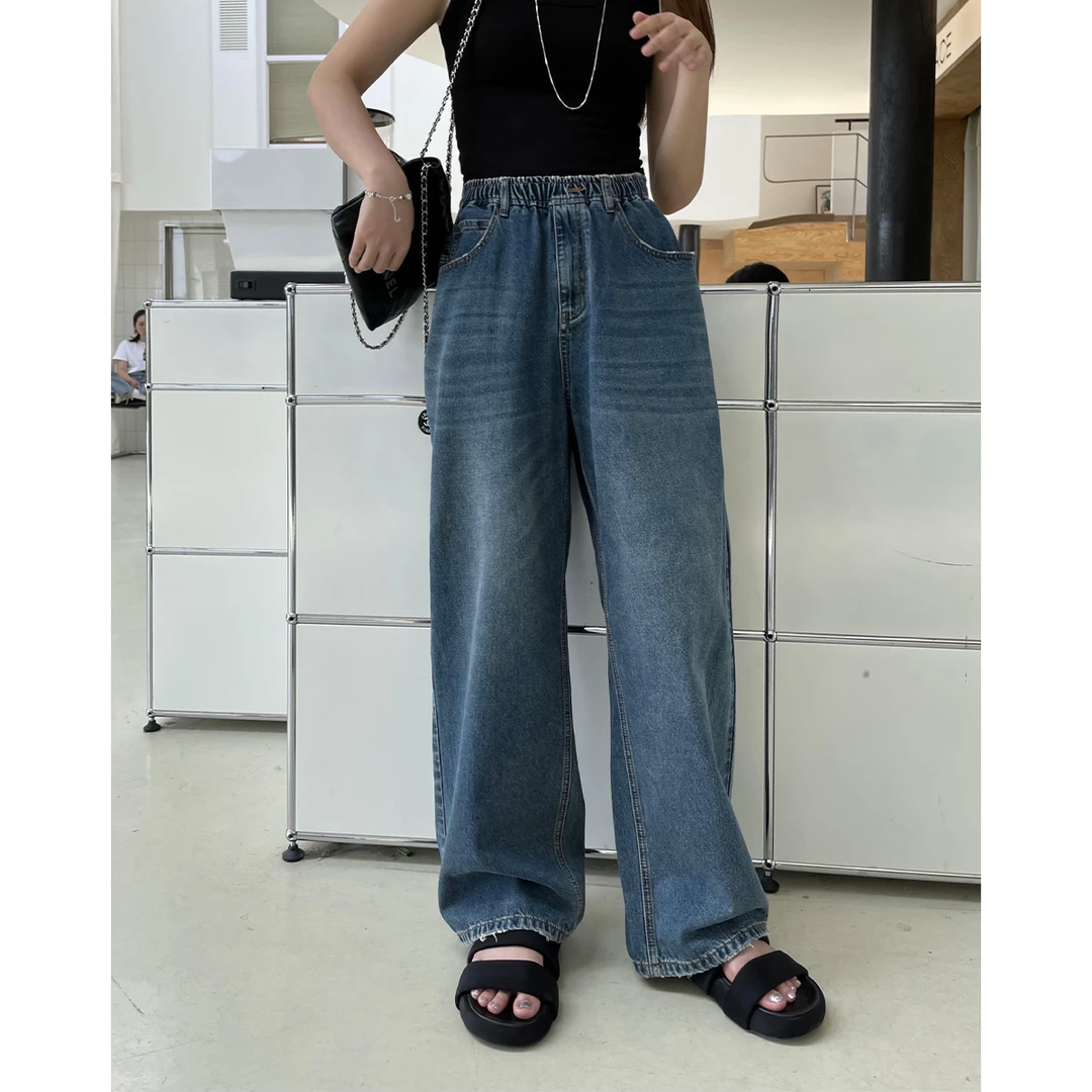 晶咕白标~气泡苏打～水浅牛仔蓝裤子日常休闲百搭复古高腰直筒裤子
