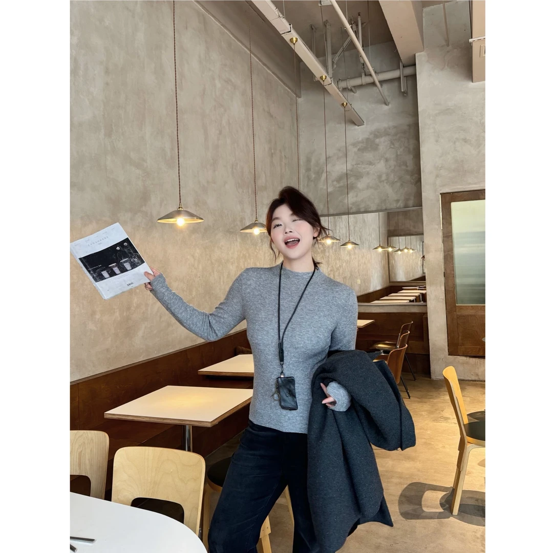 晶咕【温莎！】法式纯色半高领肌理感修身长袖打底小衫套头