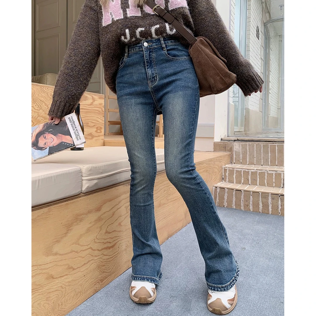 晶咕白标~筷子腿密码 深浅两色牛仔马蹄裤女时尚秋冬百搭显瘦裤子