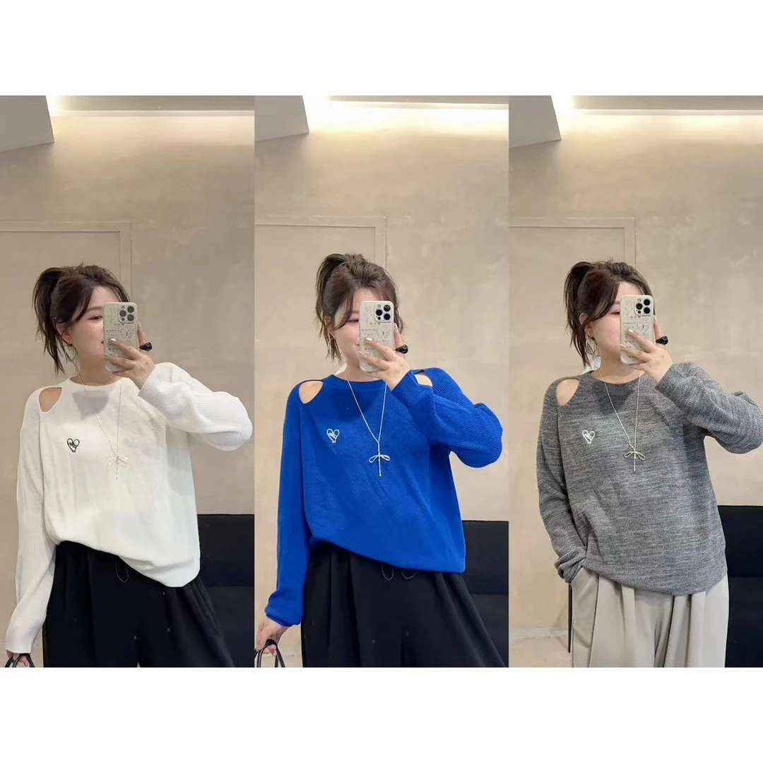 晶咕【蓝调故事家】挖肩长袖爱心刺绣针织小衫时尚百搭秋季