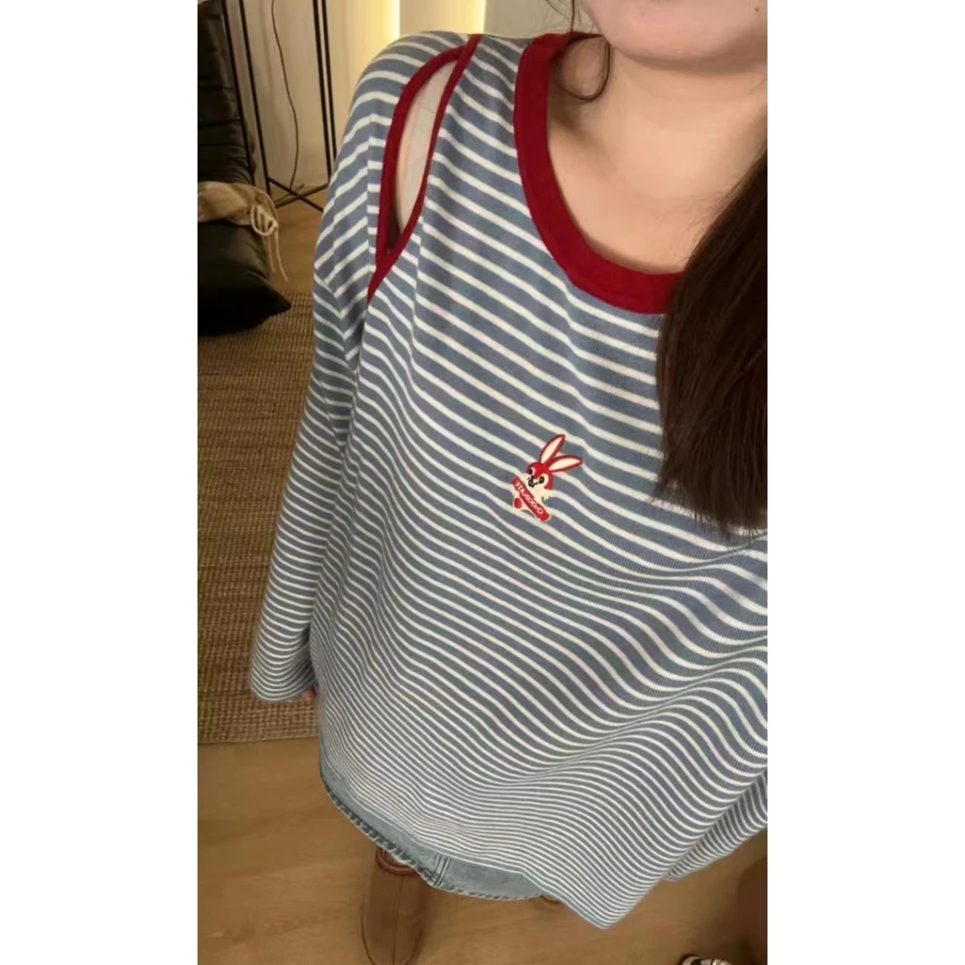 晶咕【元气条纹】撞色条纹露肩刺绣图案T恤针织