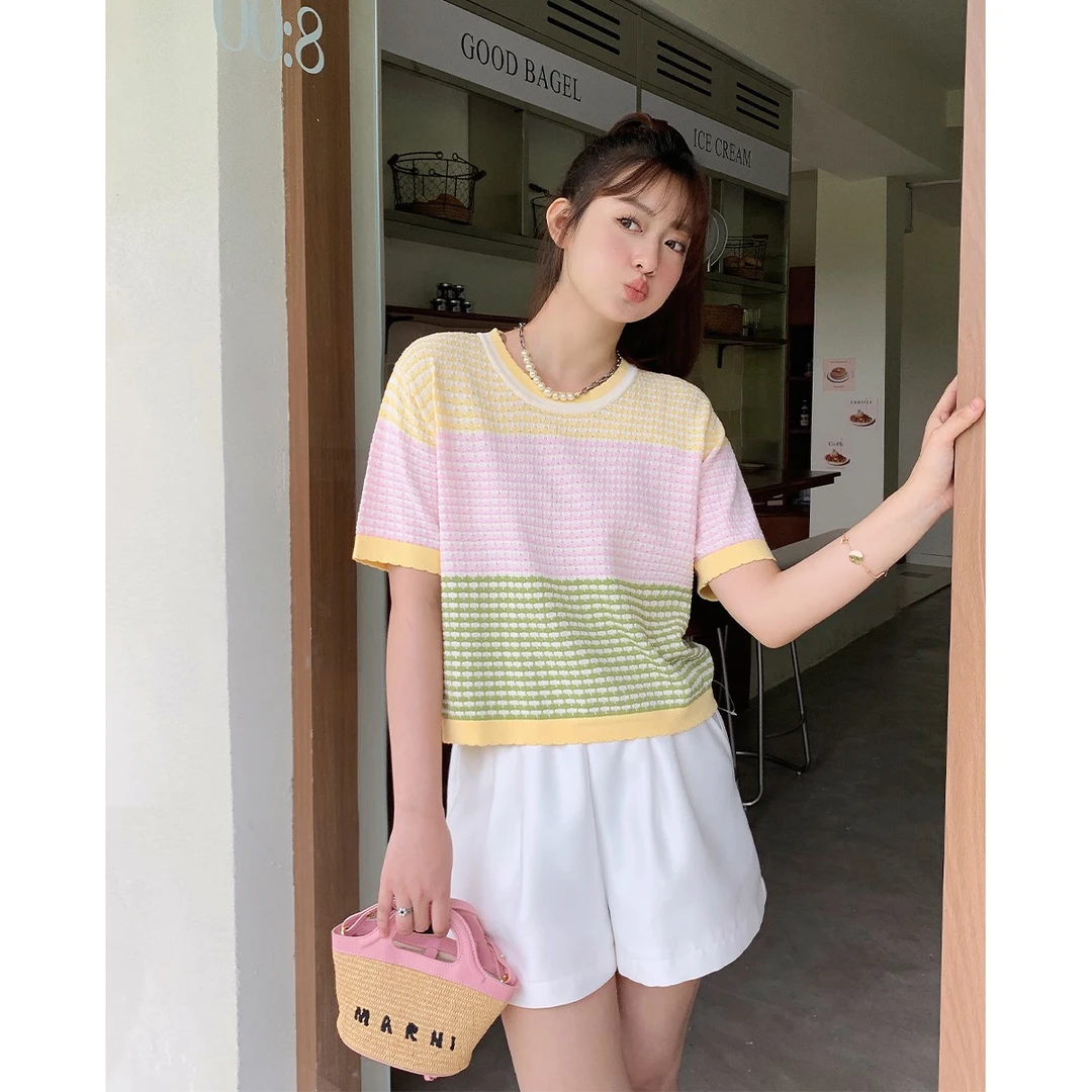 晶咕~糖分超标~彩虹色方块织纹冰麻针织衫夏季宽松日常显瘦上衣