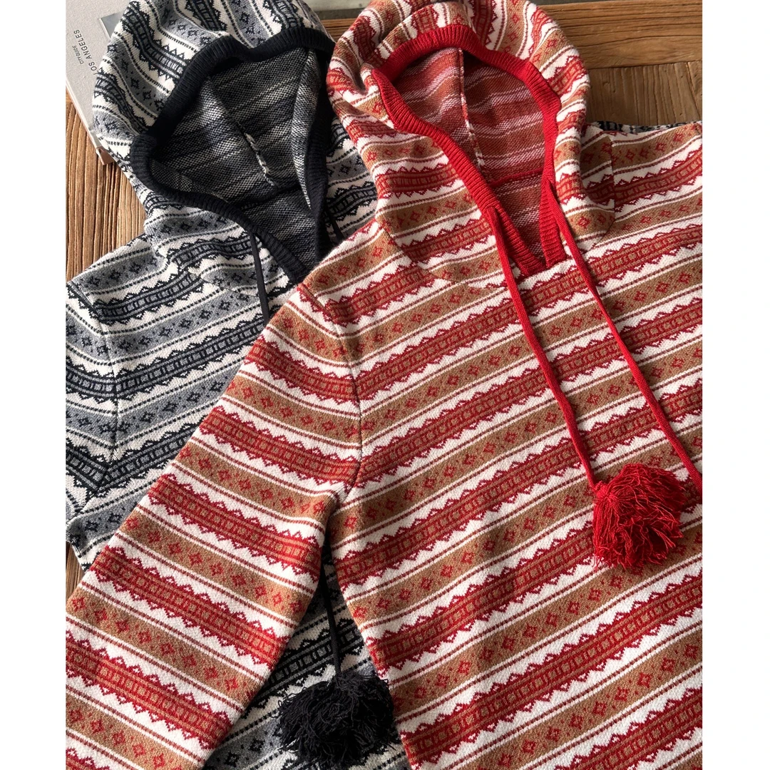 晶咕【圣诞节！】减龄撞色连帽抽绳宽松厚针织套头毛衣