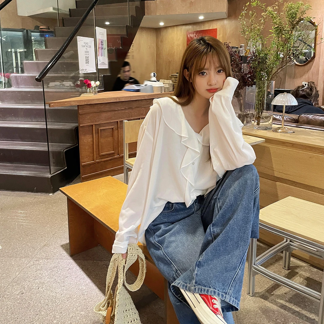 晶咕白标~温柔关联~法式浪漫垂坠荷叶边V领上衣小衫夏季长袖白色