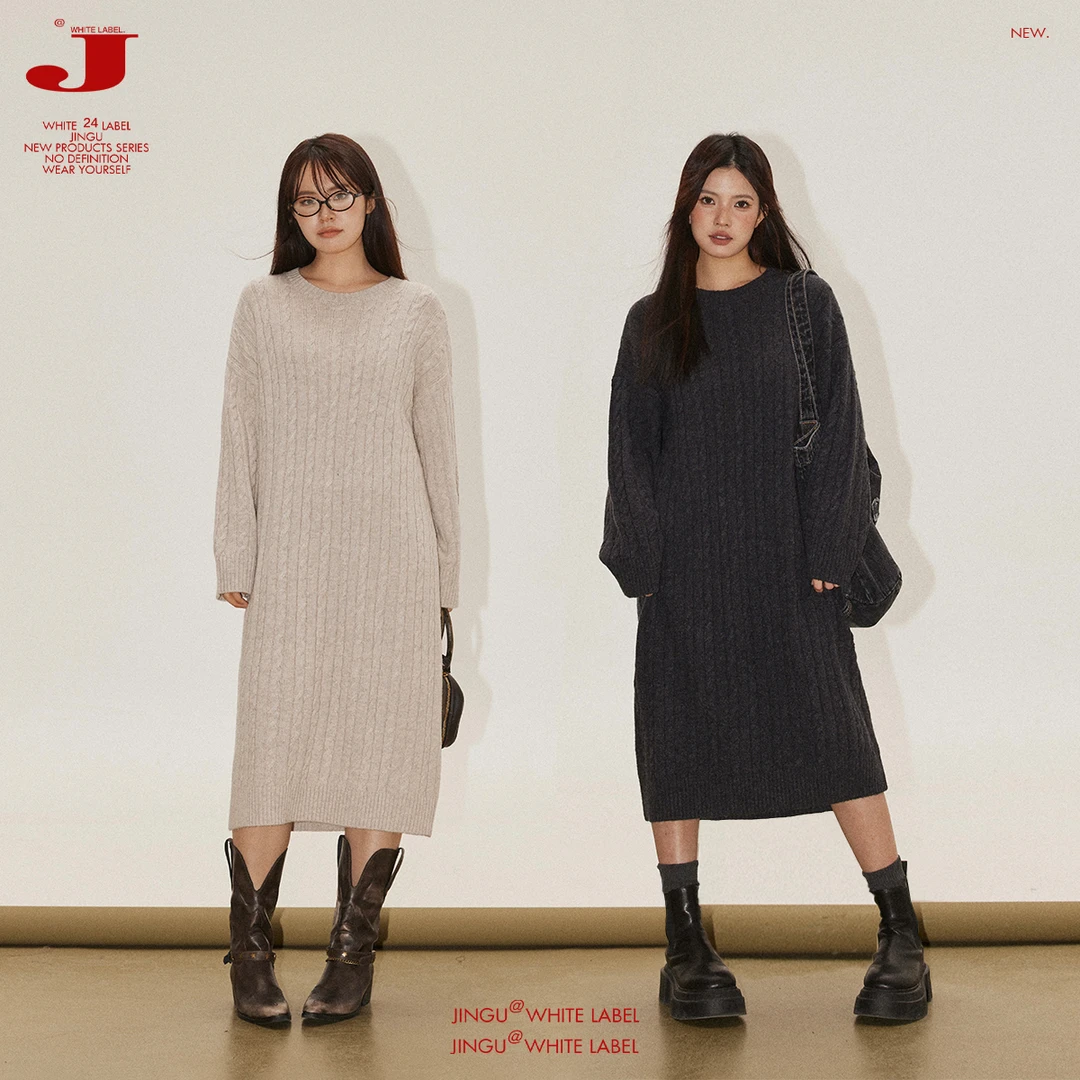 晶咕白标~慵懒调温剂~中长款绵羊毛针织连衣裙女冬季新款大码裙子